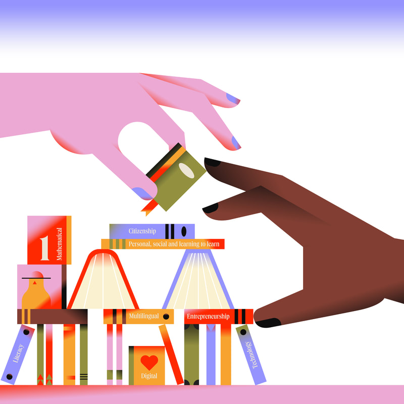Two hands building a city with books