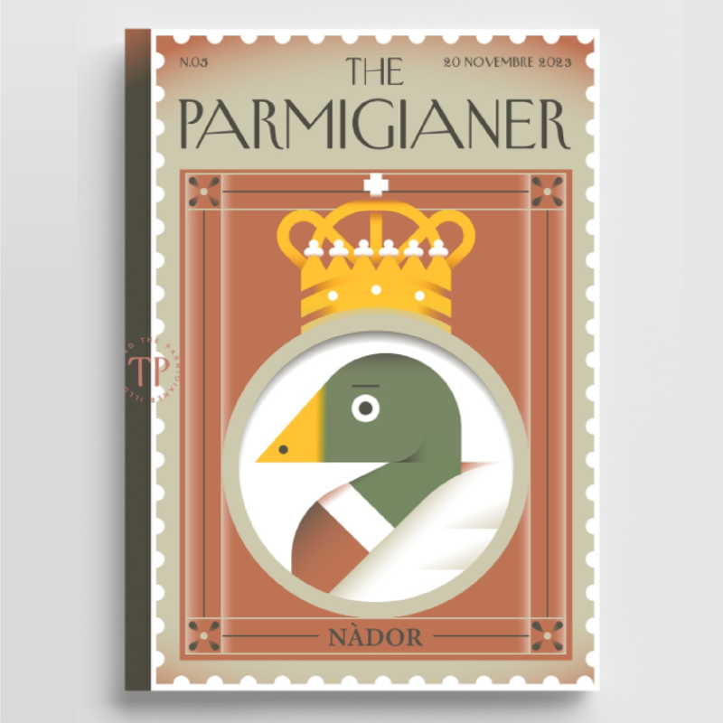 Cover for The Parmigianer. Parma is a city in Italy. There is a stamp with a duck in the center.