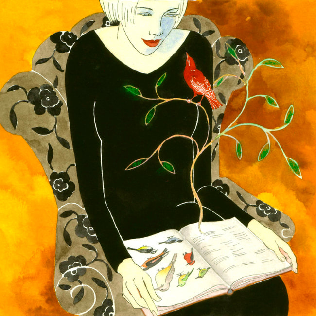 Watercolor apinting of a woman reading a book about flowers