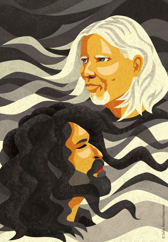 Full illustration of Rolling Stone Magazine review page about indie rock band The Folk Implosion’s new album, depicting the two band members Lou Barlow and John Davis on a black and white wavy background, illustrated by Julia Kerschbaumer