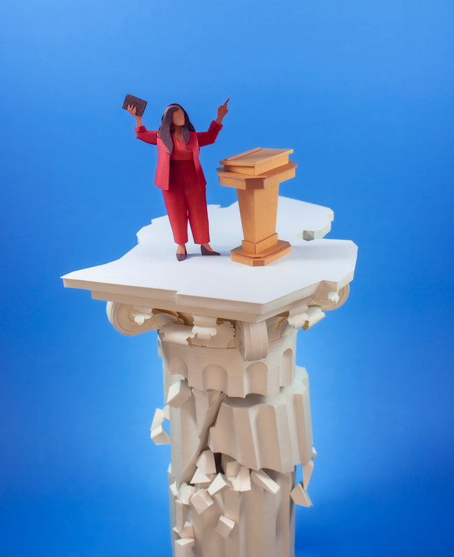 Woman stands on top of a crumbling column while delivering a sermon